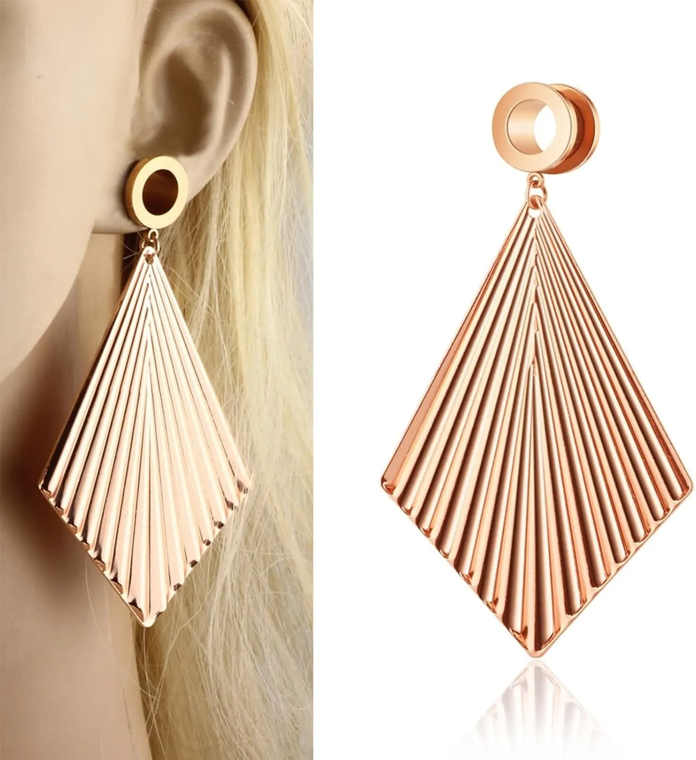 Unique Ear Tunnels, Gauge Jewelry Ear with Rhombus Dangle Stainless Steel 2Pcs Piercing Tunnels