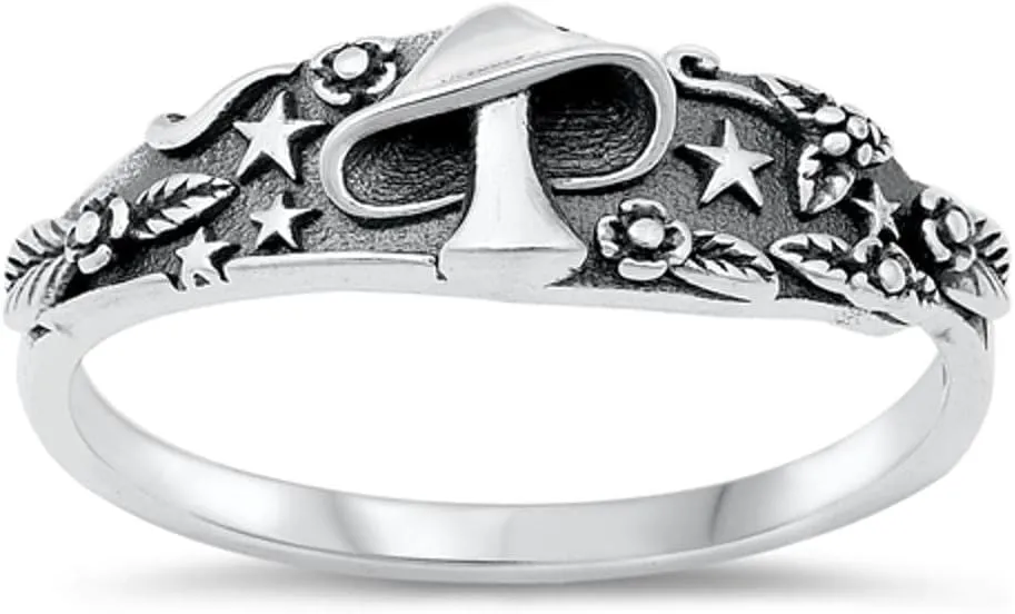 Unique Fantasy Mushroom Ring New .925 Star Leaf Sterling Silver Band Sizes 4-10