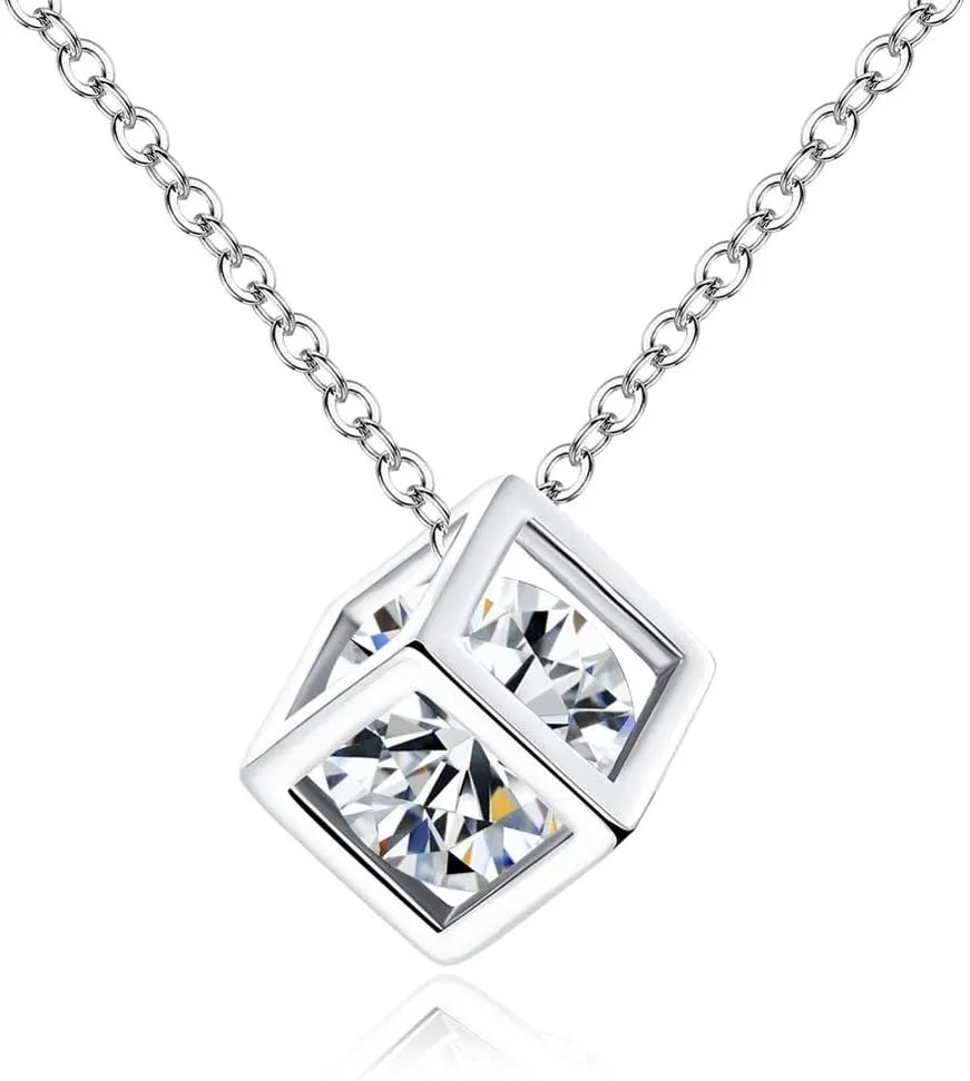 Unique Simple Square Cube Pendant Necklace with Stone for Women and Girls