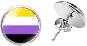 Unisex Alloy 12mm Simple Round Cool Colorful Stripes Rainbow Flag LGBT Gay Pride Gemstone Ear Stud Earring