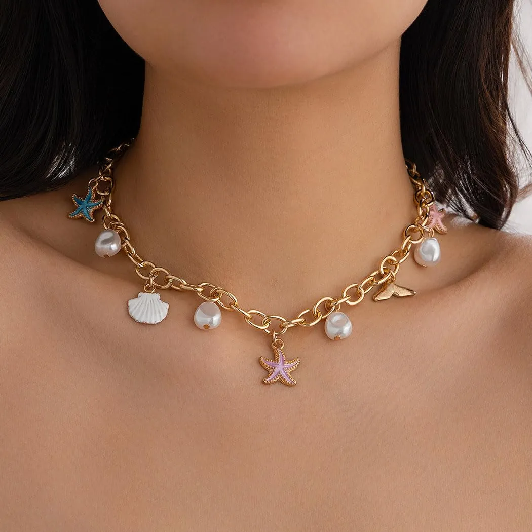 Ursumy Boho Beach Necklace Shell Starfish Necklace Layered Sun Necklaces Mermaid Costume Jewelry Beach Jewelry for Women (Pink)