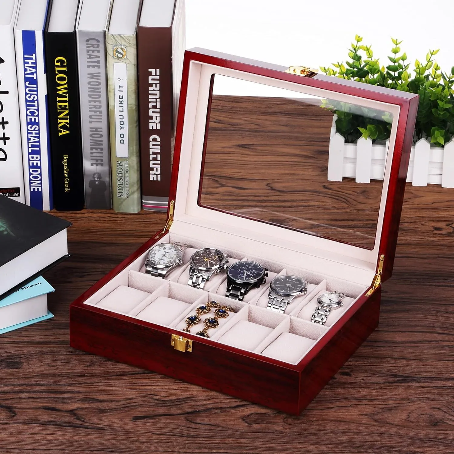 Uten Watch Box, 10 Slots Wooden Watch Case with Removable Watch Pillow, Metal Clasp Watch Display, Watch Box Organizer for Men and Women