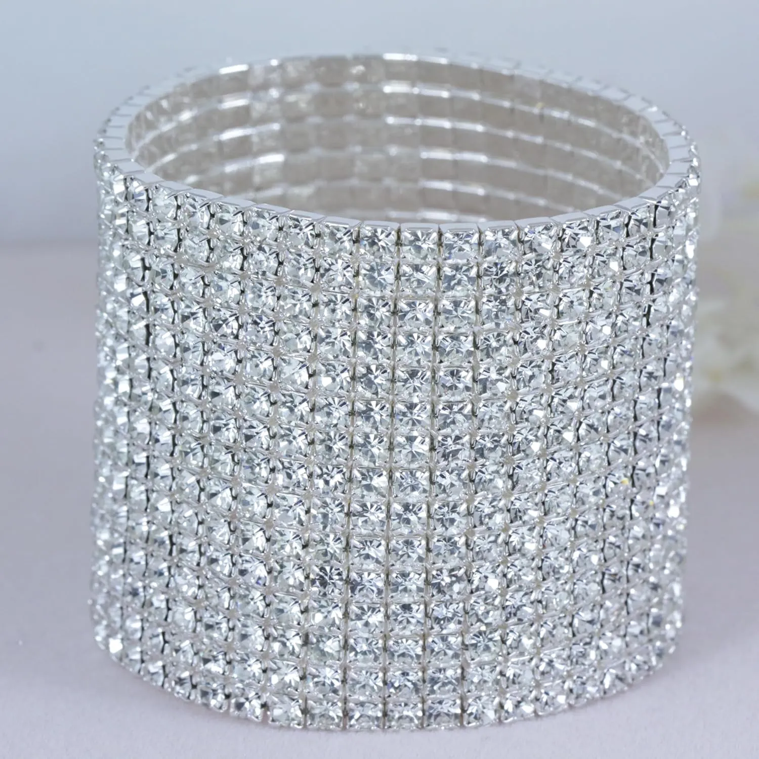 Vegas Clear White Austrian Rhinestone Crystal Tennis Stretch Bangle Bracelet Cuff Party Bridal Evening Wear 15 Row 10 Row 5 Row 3 Row Silver Gold B820