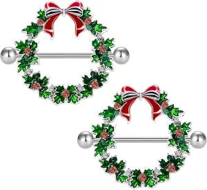 VERAMI 14G Stainless Steel Christmas Wreath Nipple Rings Christmas Nipple Barbell Rings Body Piercing for Women