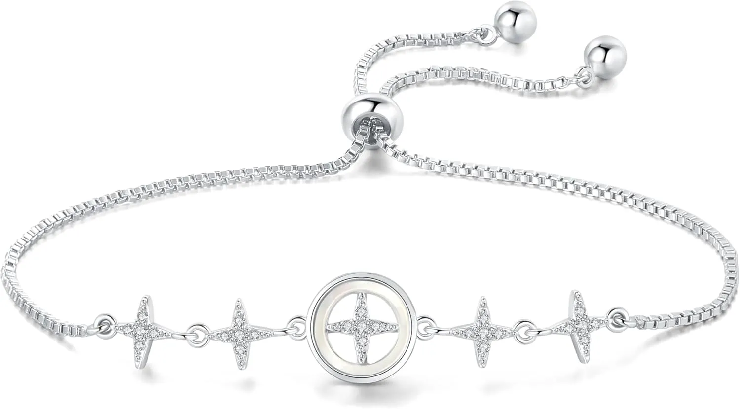 VGWON Silver 925 Charm Link Bracelet with Stars and Beads for Women Charm Chain Bracelet Gift for Teen Girls - Adjustable Length