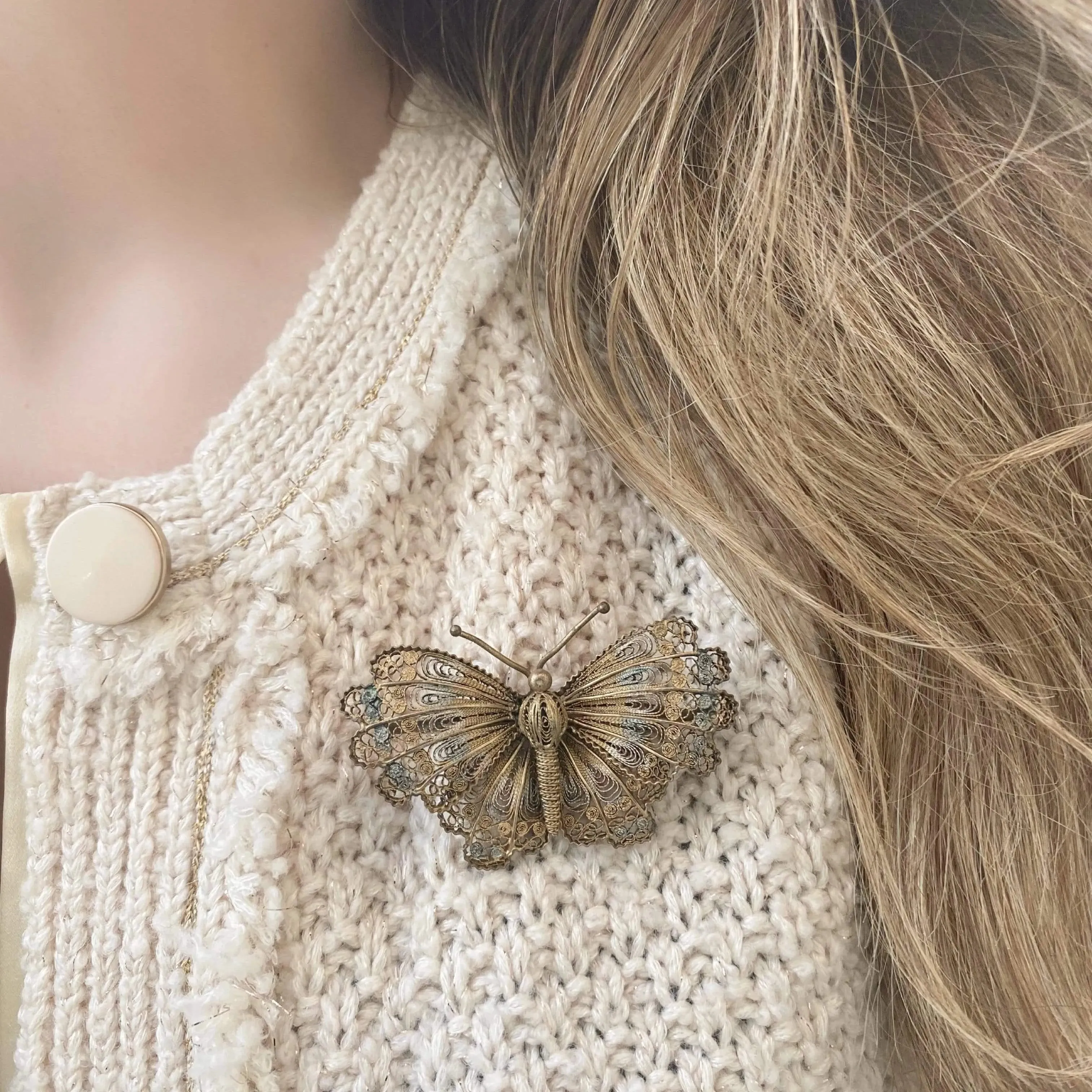 Vintage 1950s Silver Filigree Butterfly / Moth Brooch