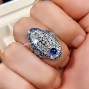 Vintage 925 Sterling Silver Multicolored Crystal Ring Skeletonized Court Style Blue Zirconia Ring AAA Cubic Zirconia Boho Statement Band Ring for Women, Gemstone Eternity Ring Cocktail Party Ring7
