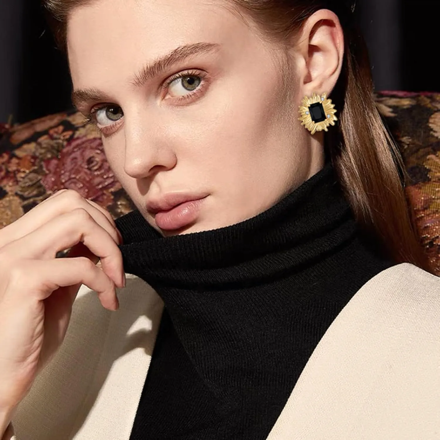 Vintage Chunky Gold Cubic Zirconia Statement Earrings Studs,Hypoallergenic Dainty Large 14k Gold CZ Stud Earrings for Women