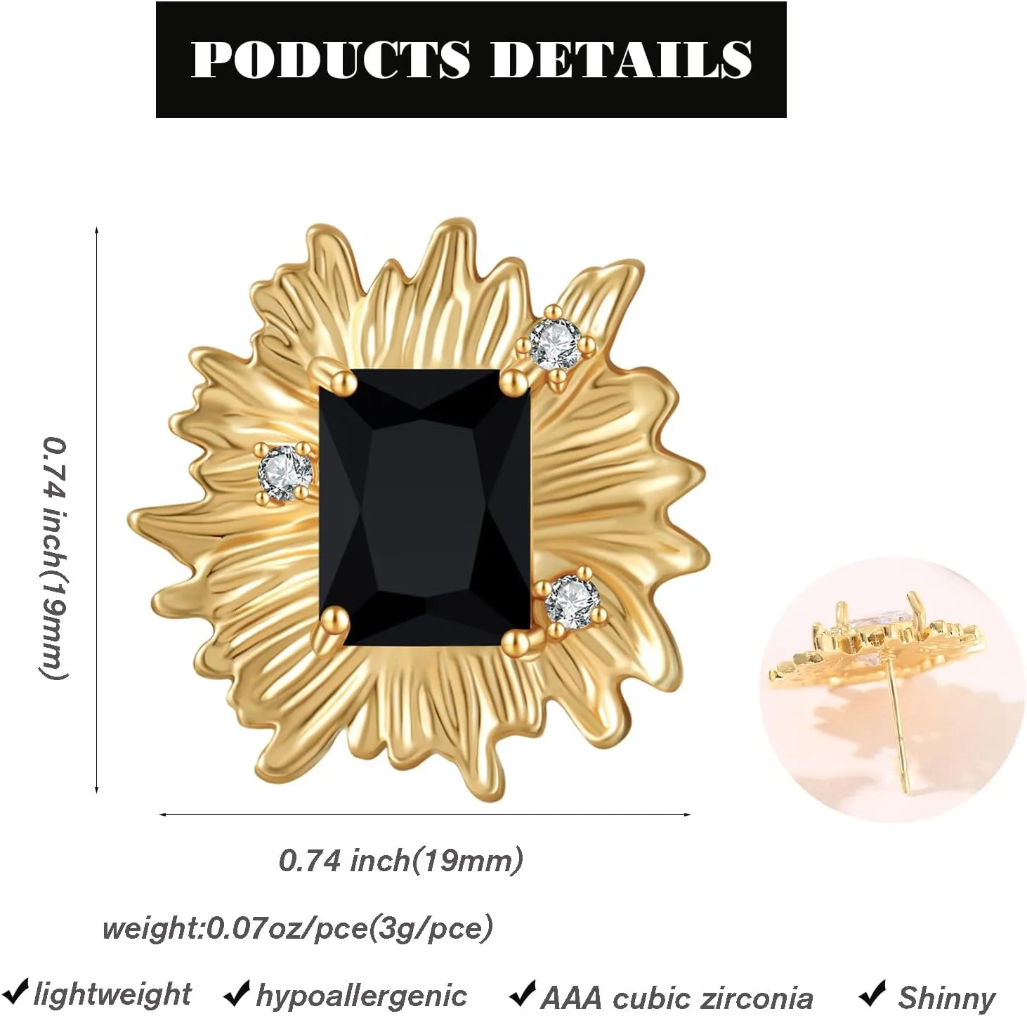 Vintage Chunky Gold Cubic Zirconia Statement Earrings Studs,Hypoallergenic Dainty Large 14k Gold CZ Stud Earrings for Women