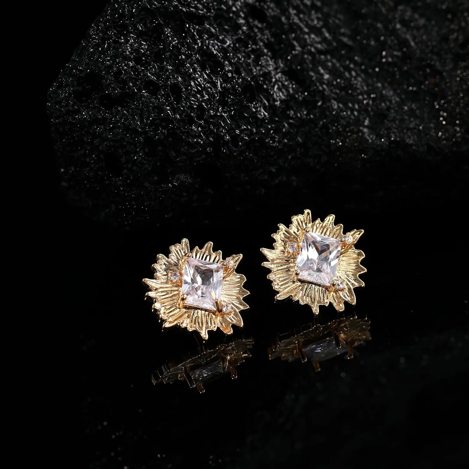 Vintage Chunky Gold Cubic Zirconia Statement Earrings Studs,Hypoallergenic Dainty Large 14k Gold CZ Stud Earrings for Women