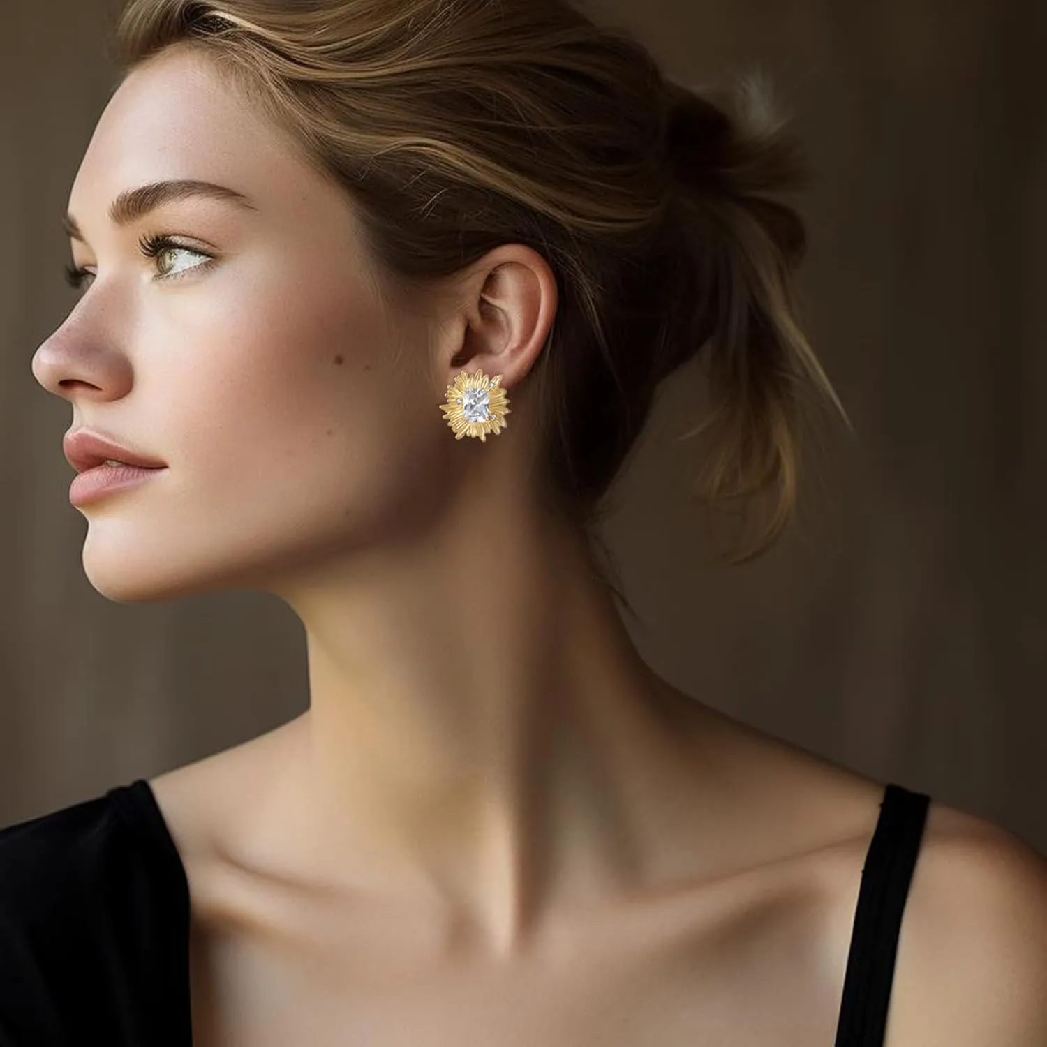 Vintage Chunky Gold Cubic Zirconia Statement Earrings Studs,Hypoallergenic Dainty Large 14k Gold CZ Stud Earrings for Women