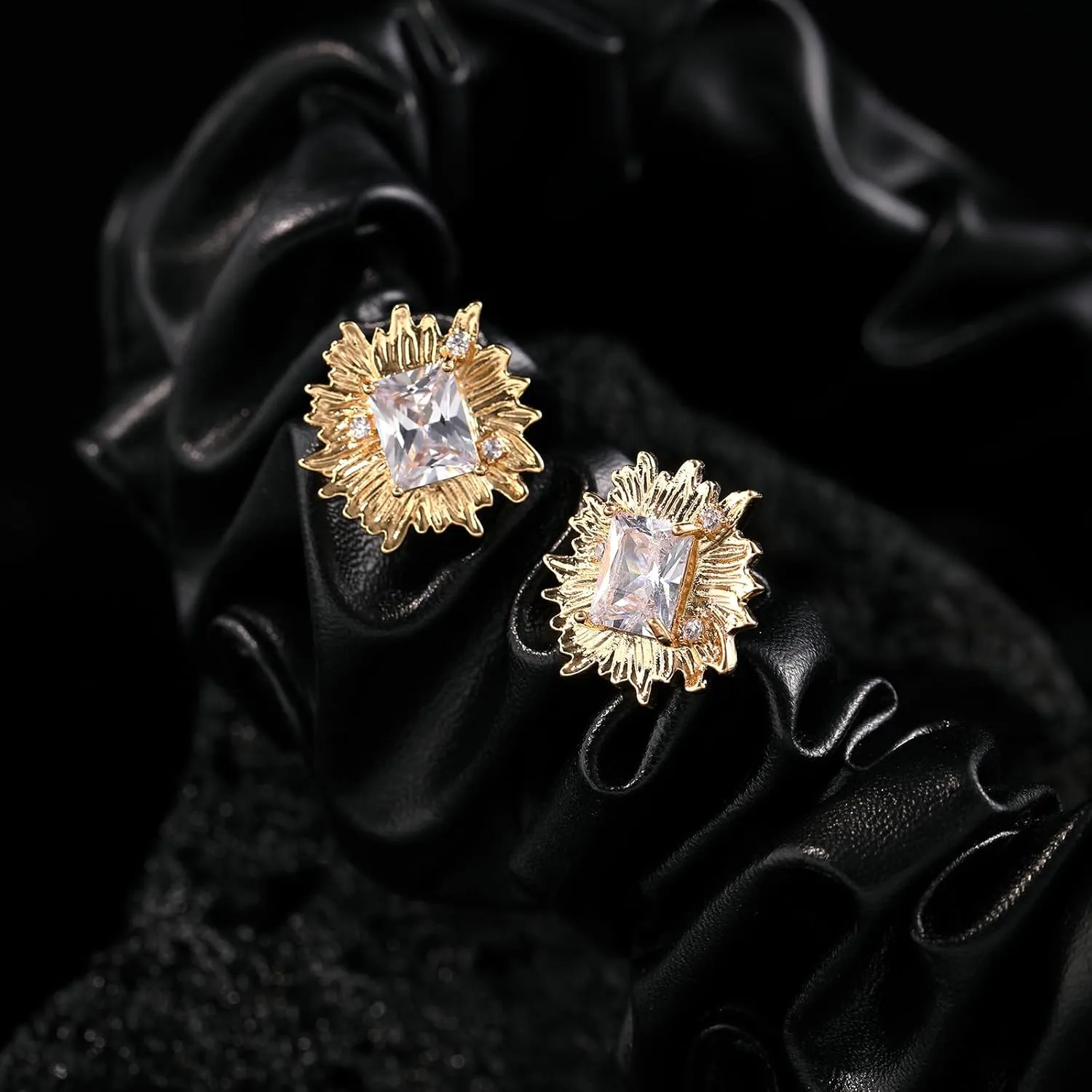 Vintage Chunky Gold Cubic Zirconia Statement Earrings Studs,Hypoallergenic Dainty Large 14k Gold CZ Stud Earrings for Women