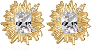Vintage Chunky Gold Cubic Zirconia Statement Earrings Studs,Hypoallergenic Dainty Large 14k Gold CZ Stud Earrings for Women