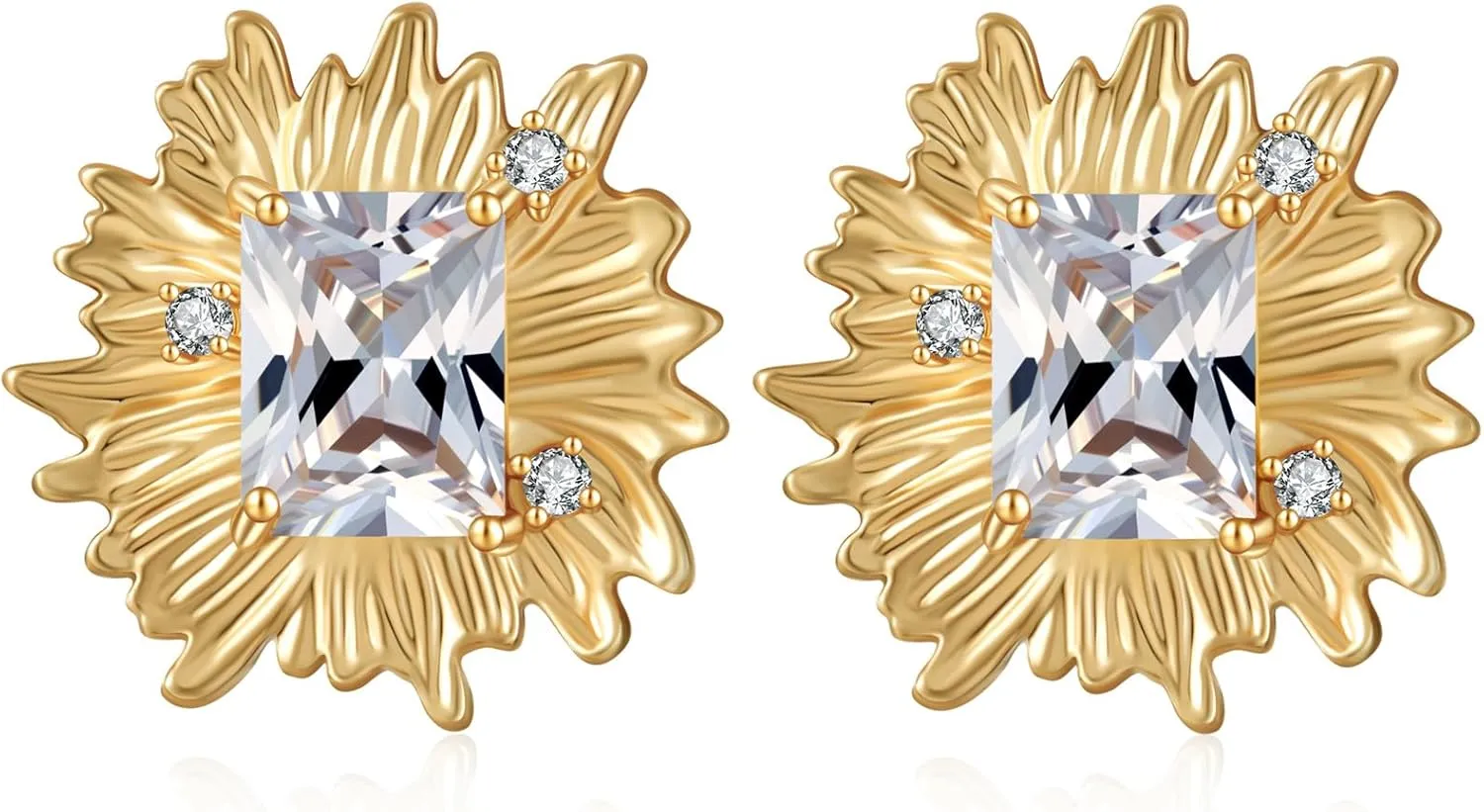 Vintage Chunky Gold Cubic Zirconia Statement Earrings Studs,Hypoallergenic Dainty Large 14k Gold CZ Stud Earrings for Women