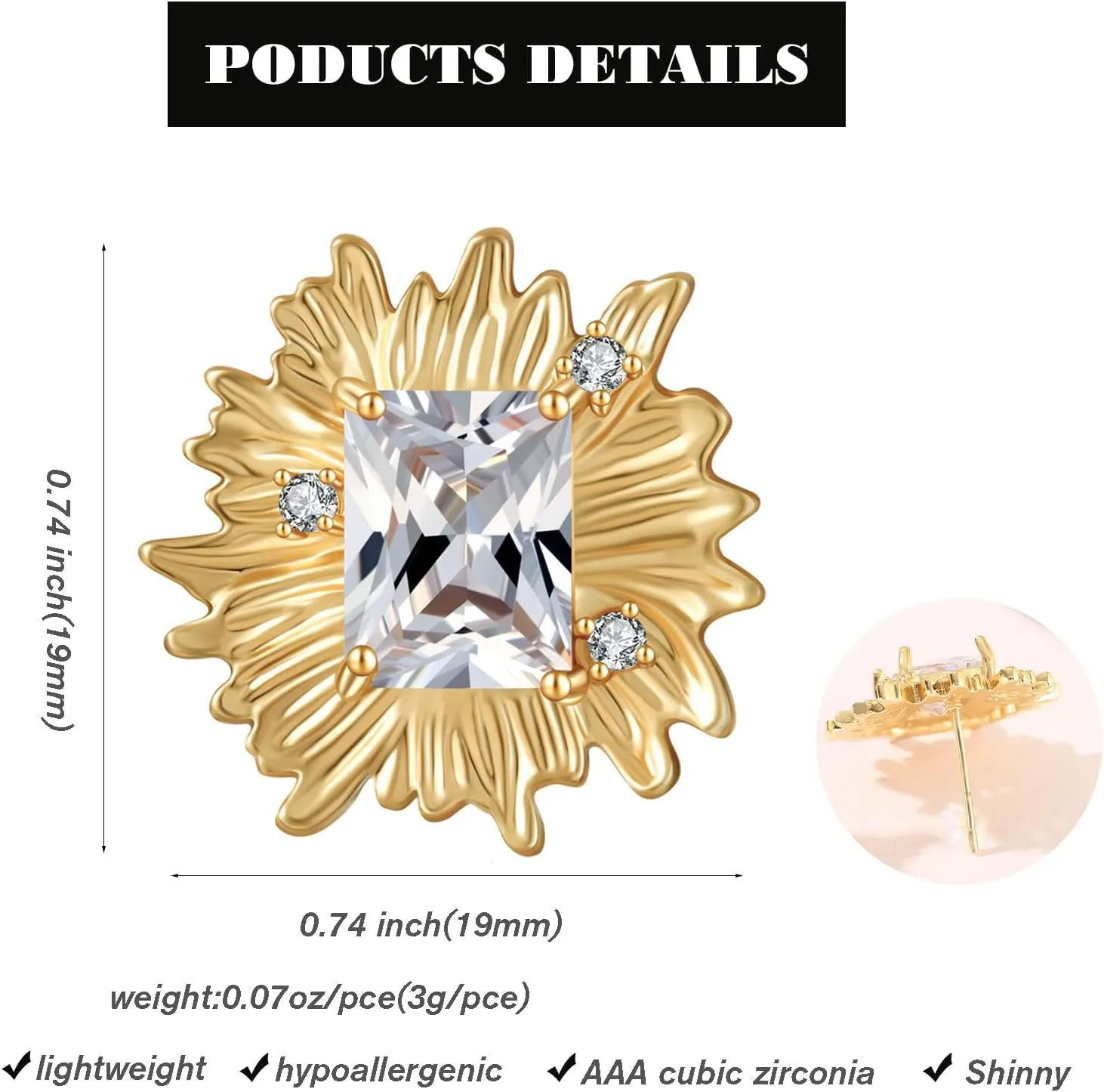 Vintage Chunky Gold Cubic Zirconia Statement Earrings Studs,Hypoallergenic Dainty Large 14k Gold CZ Stud Earrings for Women