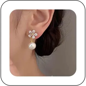 Vintage Crystal Flower Pearl Dangle Earrings Gold Pearl Drop Earrings Rhinestone Cz Pearl Bridal Earrings Shine Crystal Stud Earrings Jewelry for Women