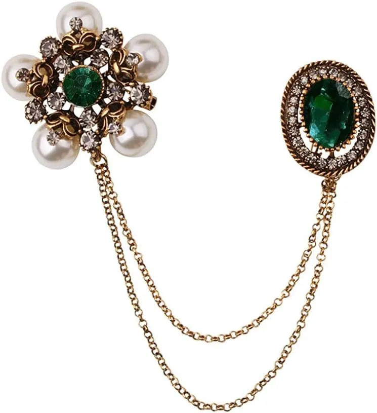 Vintage Crystal Pearl Flower Long Chain Tassel Brooch Lapel Pin for Women Men Girls Snowflake Simulated Emerald Green Rhinestone Oval Pins Clip Sweater Dress Suit Badge Tie Brooches Fashion Christmas Jewelry Gifts Clothes Accessories