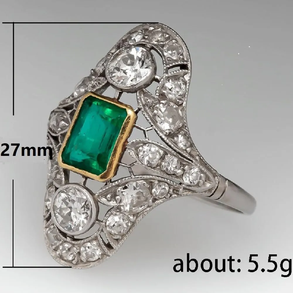 Vintage Floral Finger Court Style Ring,Long Oval Shape Simulation Emerald Stone Round Cut Cubic Zirconia Ring Anniversary Bridal Jewelry Gifts