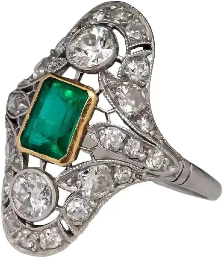 Vintage Floral Finger Court Style Ring,Long Oval Shape Simulation Emerald Stone Round Cut Cubic Zirconia Ring Anniversary Bridal Jewelry Gifts