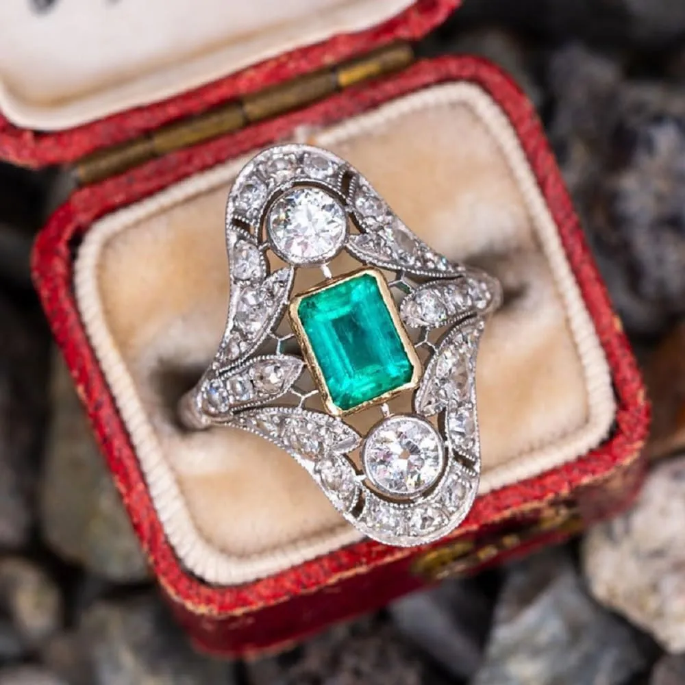 Vintage Floral Finger Court Style Ring,Long Oval Shape Simulation Emerald Stone Round Cut Cubic Zirconia Ring Anniversary Bridal Jewelry Gifts