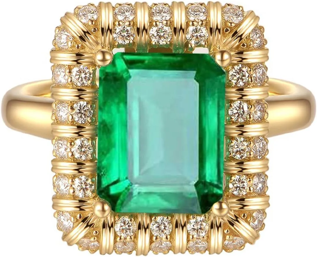 Vintage Women 18K Gold Rectangle Green Simulated Emerald Gemstone Crystal Band Rings Jewelry Size 6 to 10