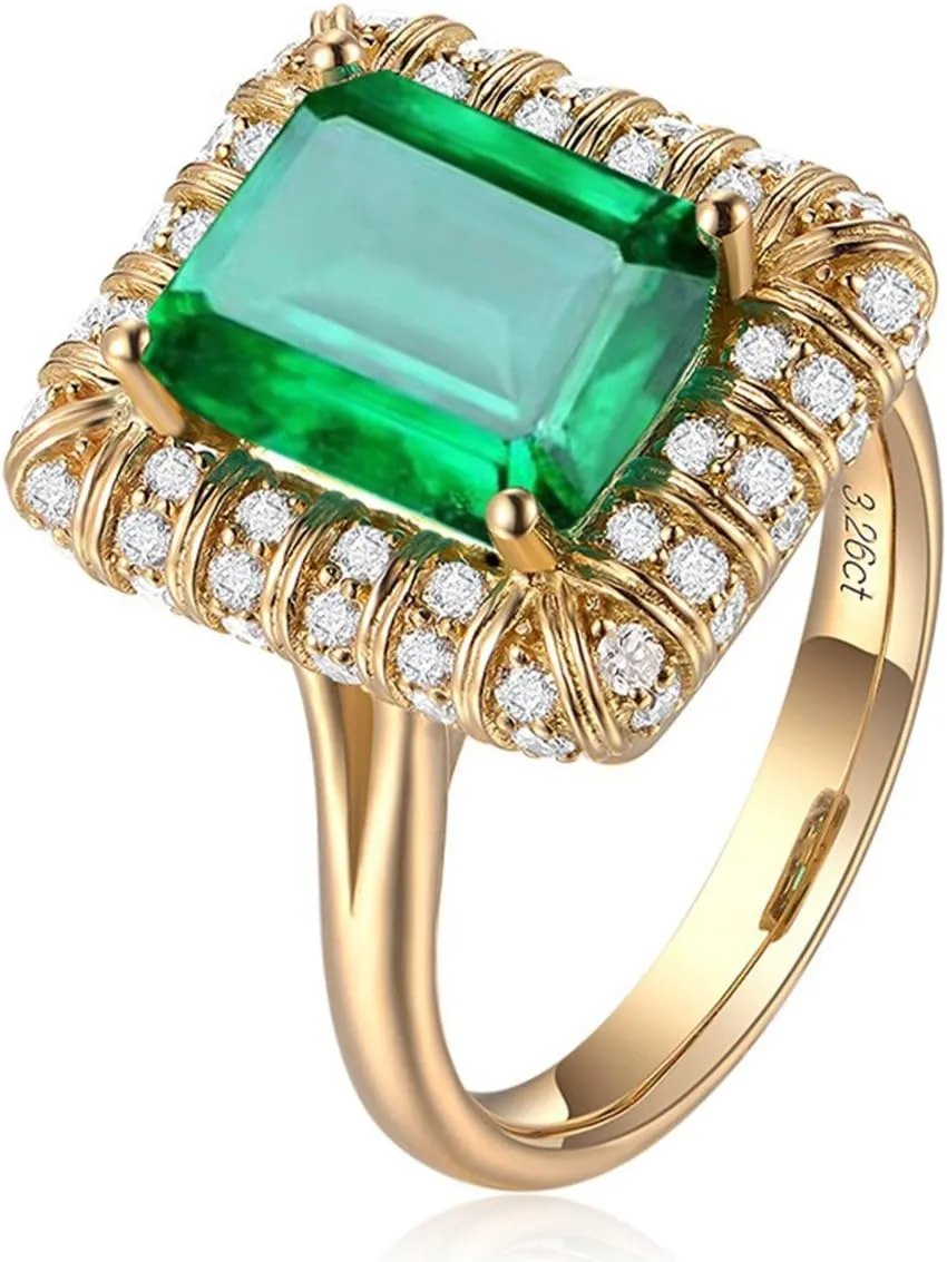Vintage Women 18K Gold Rectangle Green Simulated Emerald Gemstone Crystal Band Rings Jewelry Size 6 to 10