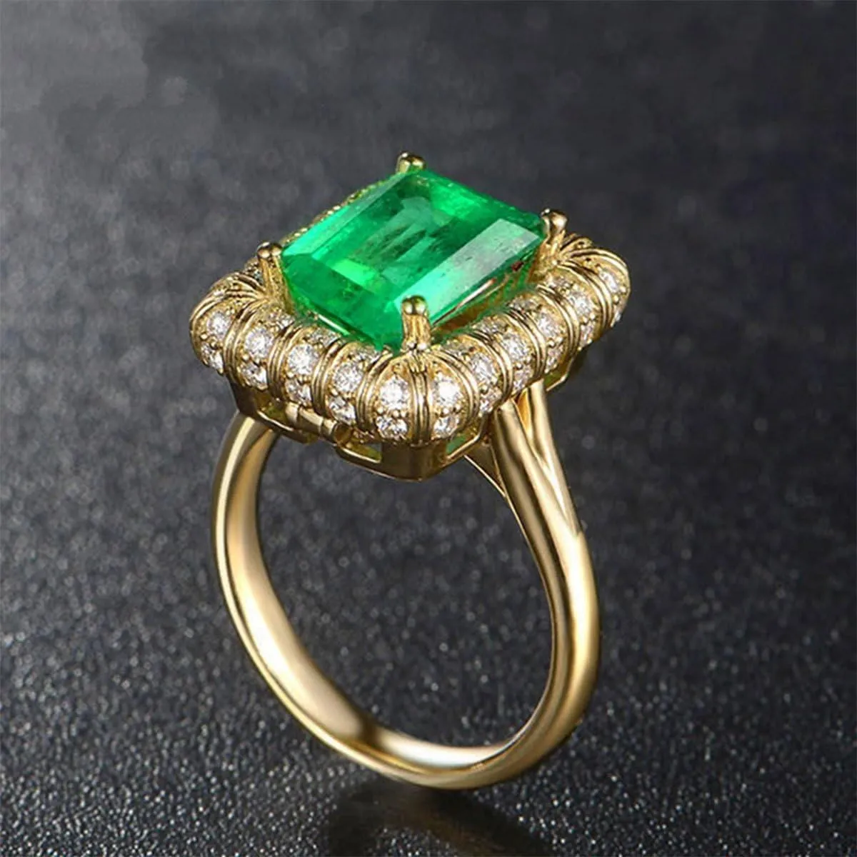 Vintage Women 18K Gold Rectangle Green Simulated Emerald Gemstone Crystal Band Rings Jewelry Size 6 to 10