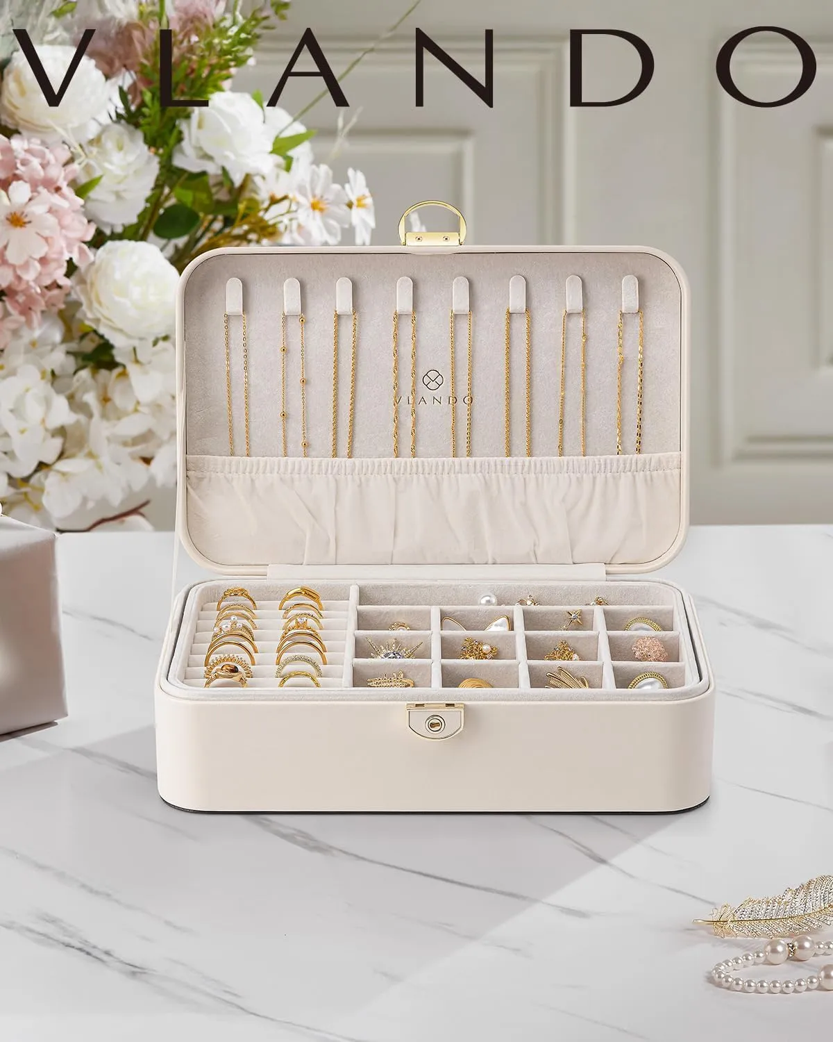 Vlando Jewelry Box Organizer for Women Girls, 2 Layer Jewelry Case with Lock,Jewelry Storage Earrings Necklace,Rings,Gift for Teachers Wedding Birthday Gifts-Cream White