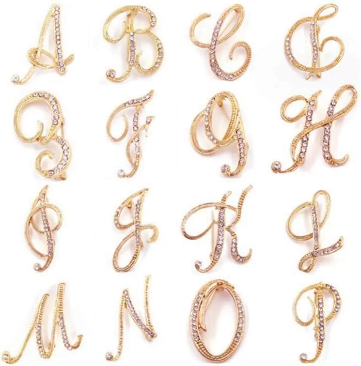 vmcoatdu Women A-Z Initial Pins 26 Letters Pins Gold Plated Metal Brooches Clear Crystal Rhinestone Brooch Breastpin Badge