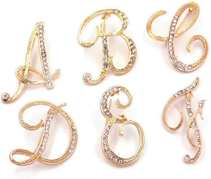 vmcoatdu Women A-Z Initial Pins 26 Letters Pins Gold Plated Metal Brooches Clear Crystal Rhinestone Brooch Breastpin Badge