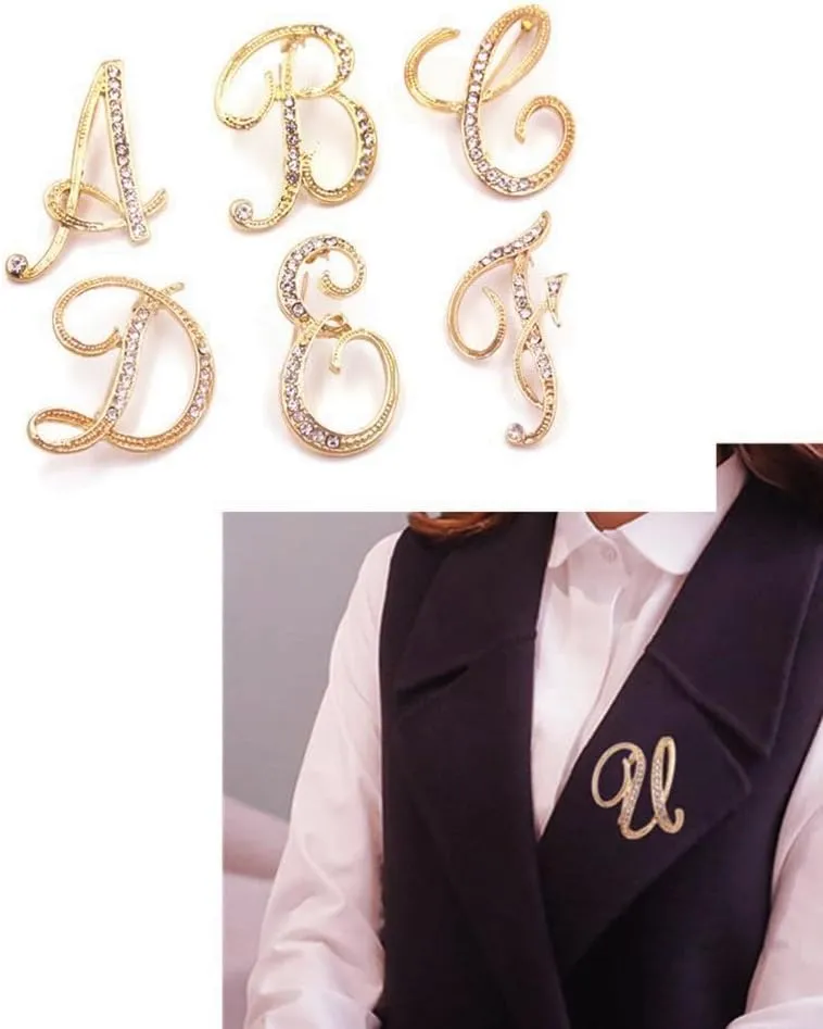 vmcoatdu Women A-Z Initial Pins 26 Letters Pins Gold Plated Metal Brooches Clear Crystal Rhinestone Brooch Breastpin Badge