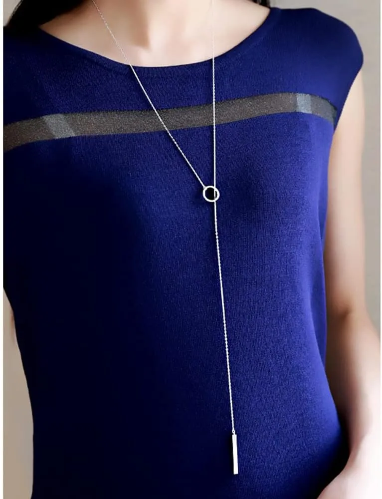 Vonluxy Long Lariat Bar Necklaces for Women,Stainless Steel Silver Adjustable Y Shape Drop Necklace Birthday Gifts for Her