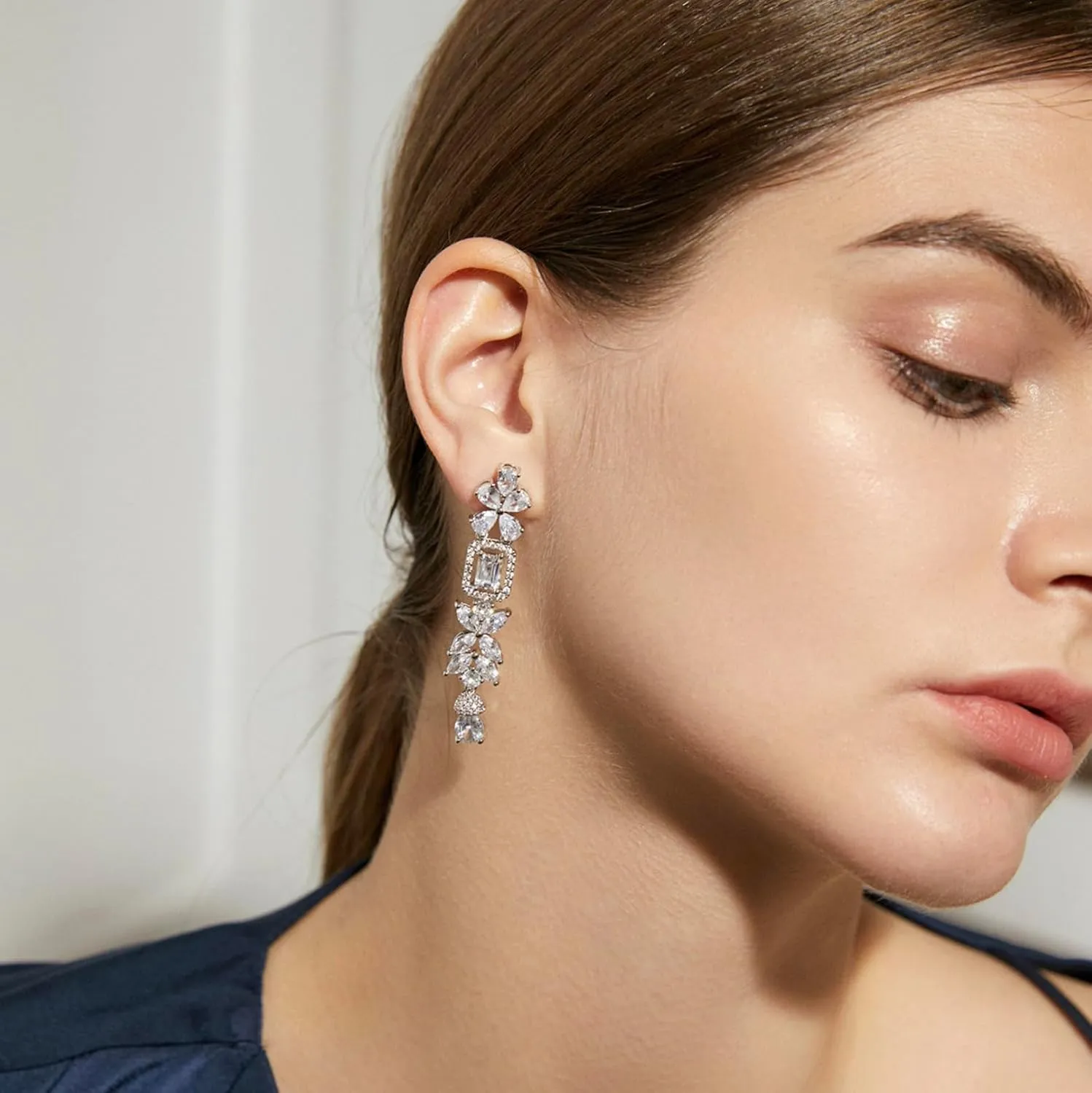 White Gold Plated Rectangle Square Shaped Crystal Wedding Bridal Bridesmaid Clear Cubic Zirconia Stud Dangle Earrings Fashion Jewelry for Adult Women
