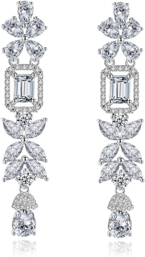 White Gold Plated Rectangle Square Shaped Crystal Wedding Bridal Bridesmaid Clear Cubic Zirconia Stud Dangle Earrings Fashion Jewelry for Adult Women