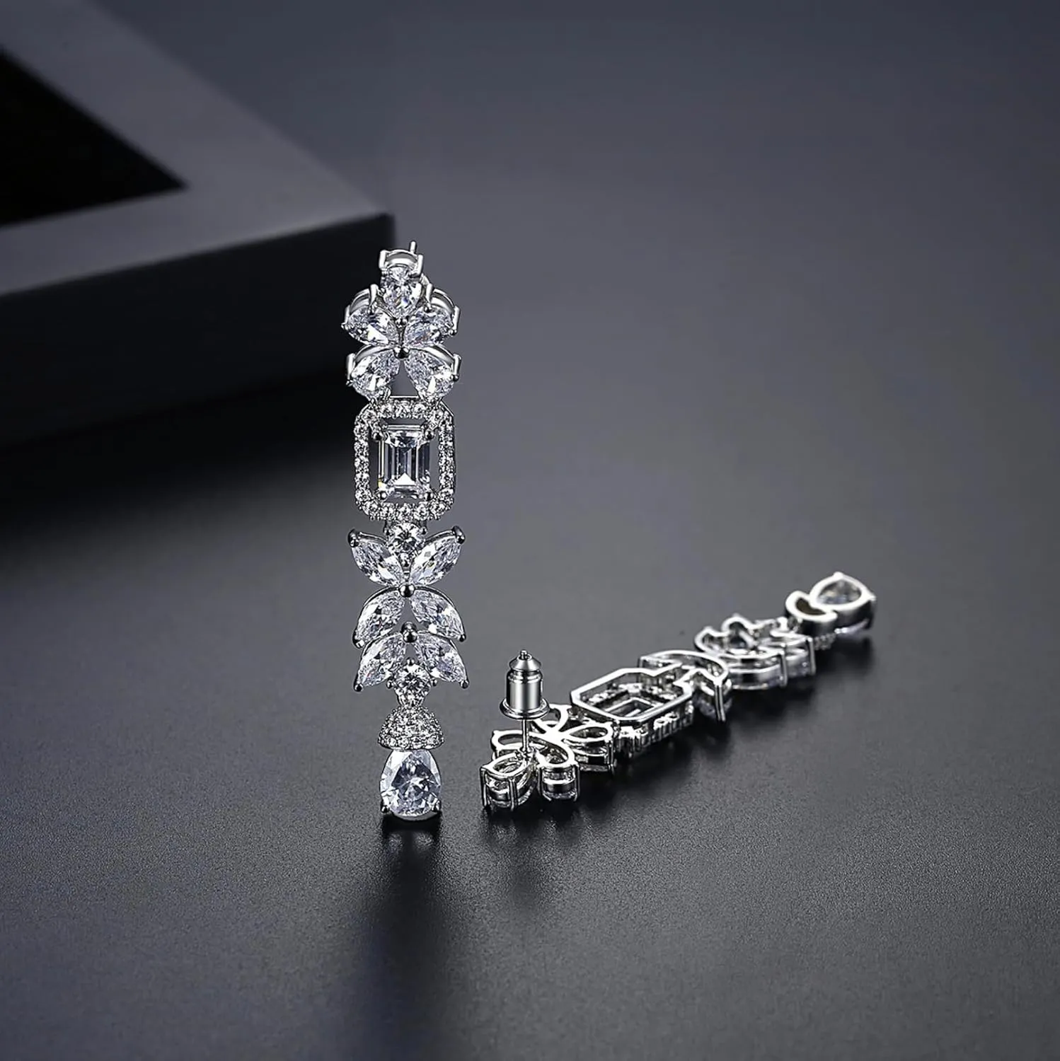 White Gold Plated Rectangle Square Shaped Crystal Wedding Bridal Bridesmaid Clear Cubic Zirconia Stud Dangle Earrings Fashion Jewelry for Adult Women