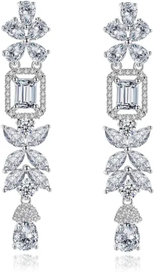 White Gold Plated Rectangle Square Shaped Crystal Wedding Bridal Bridesmaid Clear Cubic Zirconia Stud Dangle Earrings Fashion Jewelry for Adult Women