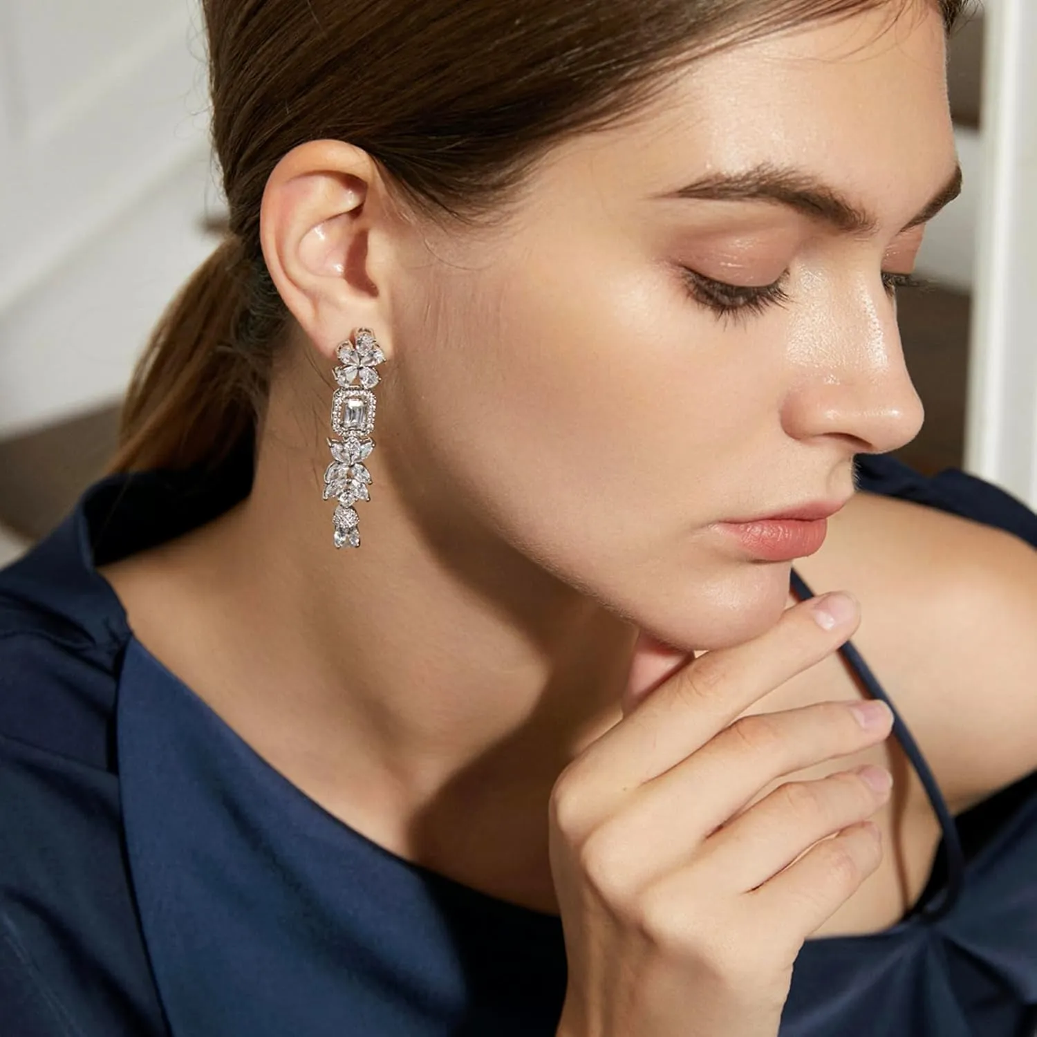 White Gold Plated Rectangle Square Shaped Crystal Wedding Bridal Bridesmaid Clear Cubic Zirconia Stud Dangle Earrings Fashion Jewelry for Adult Women