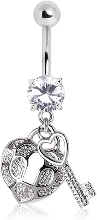 WildKlass Jewelry Gemmed Navel Ring with Heart Lock and Key Charm Dangles 316L Surgical Steel