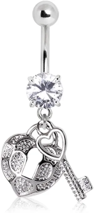 WildKlass Jewelry Gemmed Navel Ring with Heart Lock and Key Charm Dangles 316L Surgical Steel