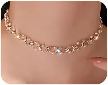 Wiwpar Bohemia Rhinestone Pearl Circular Choker Necklaces for Women Crystal Gold Choker Necklace Prom Party Bridal Wedding Accessories