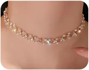 Wiwpar Bohemia Rhinestone Pearl Circular Choker Necklaces for Women Crystal Gold Choker Necklace Prom Party Bridal Wedding Accessories