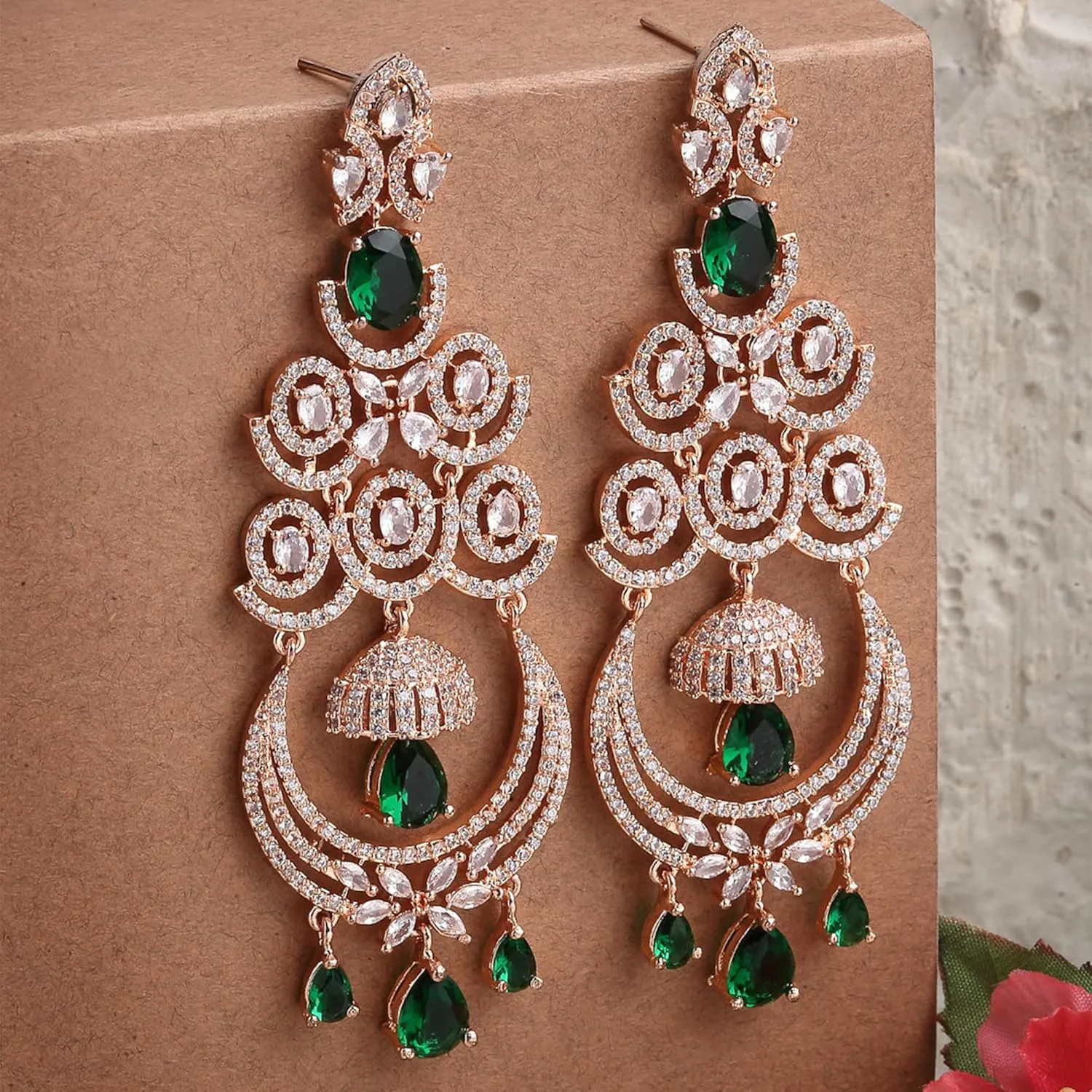 Women Floral Shaped American Diamond Dangle Chandelier Earring