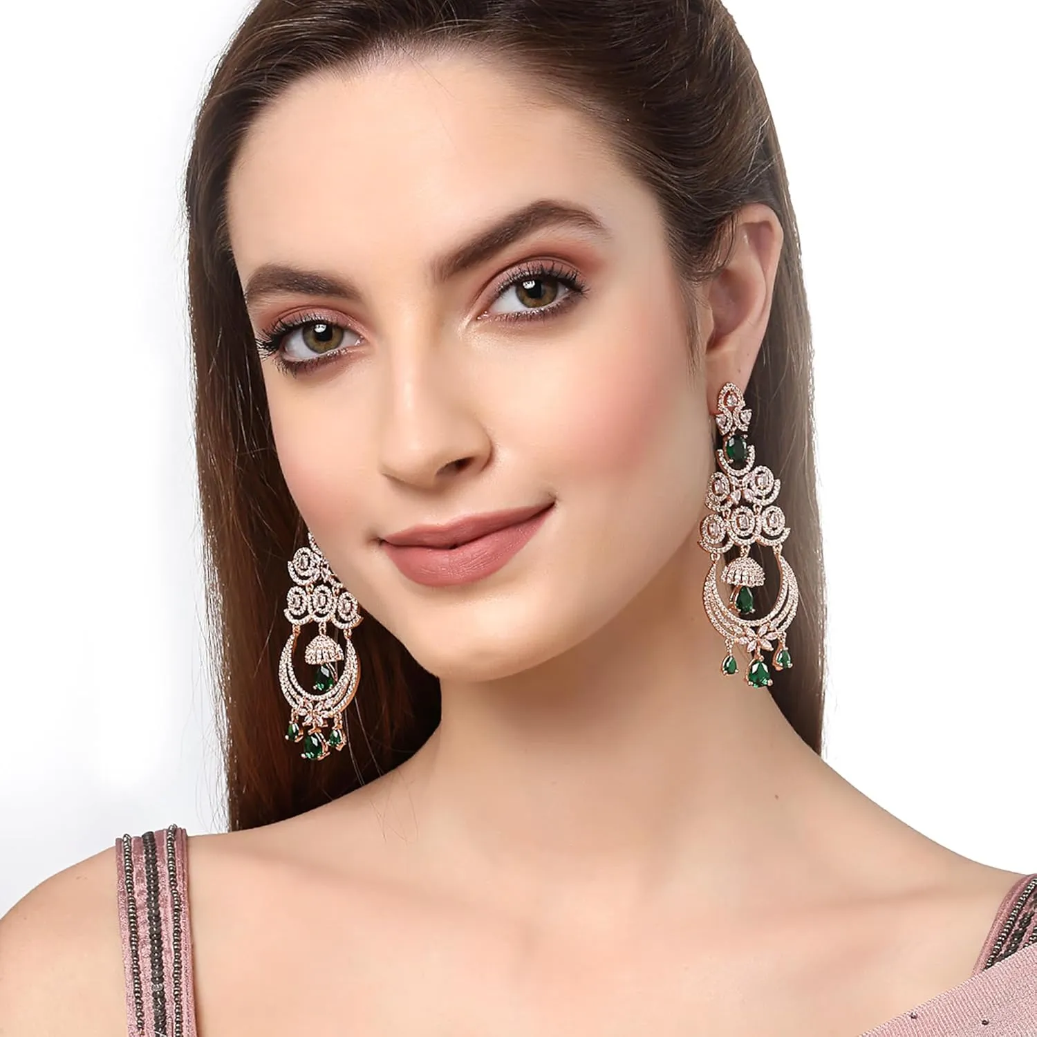 Women Floral Shaped American Diamond Dangle Chandelier Earring