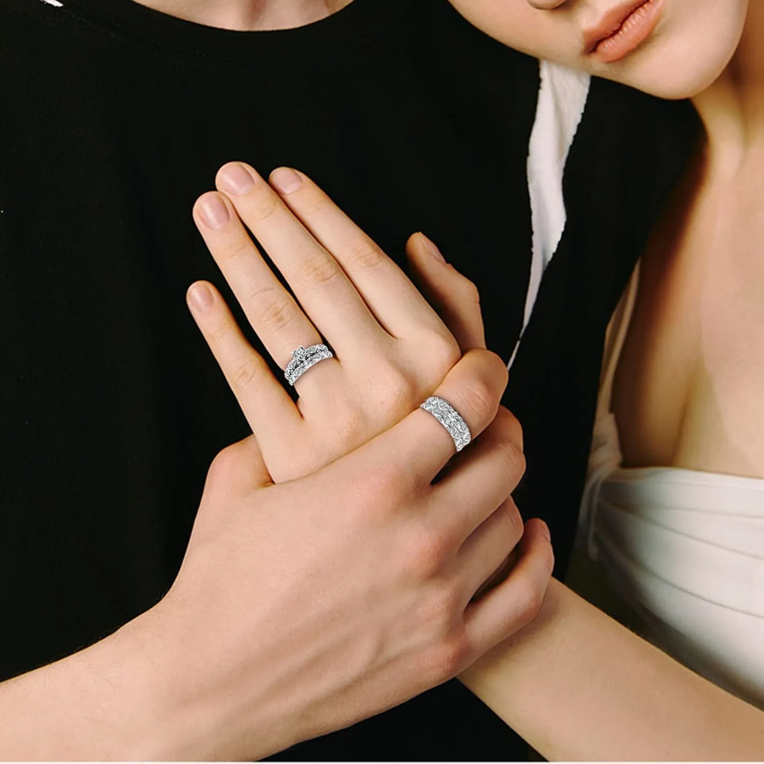Women's Fashion Rings Ring Set Size 5 Couple Diamonds American Zircon Heart Ring Full and European Diamonds Peach Micro-Inlaid Pattern Inlaid Rings Layered Rings for Women (Sliver, 10)