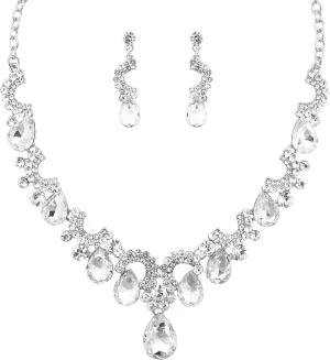Womens Wedding Party Austrian Crystal Rhinestone Necklace Earrings Bridal Jewelry Set for Women