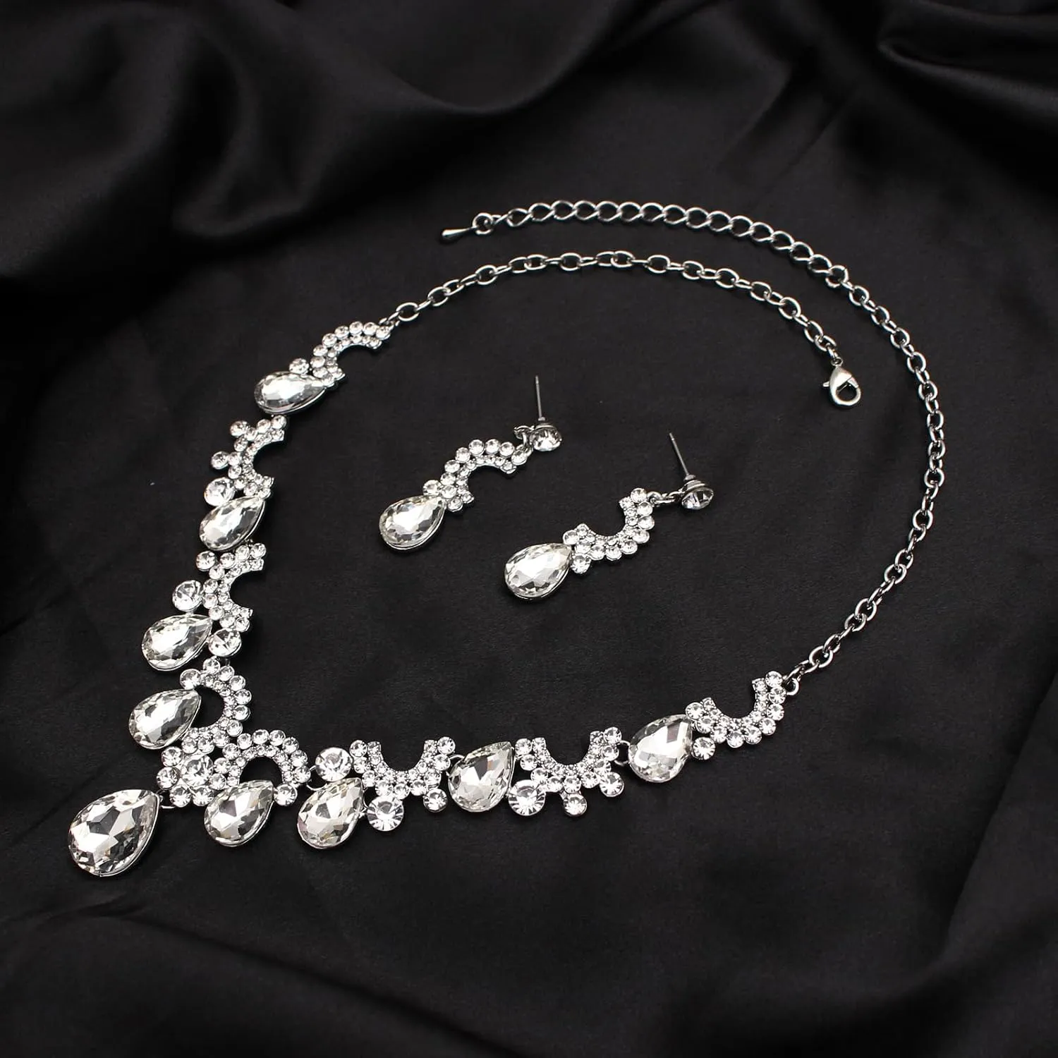Womens Wedding Party Austrian Crystal Rhinestone Necklace Earrings Bridal Jewelry Set for Women