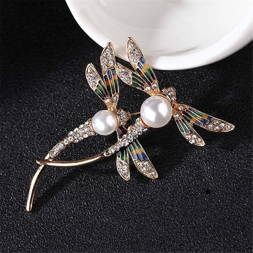 YAZILIND Fashion Dragonfly Brooch pin Luxury Retro Breastpin Rhinestone Imitation Pearl Alloy brooches Women Clothing Accessories Corsage Jewelry Gift