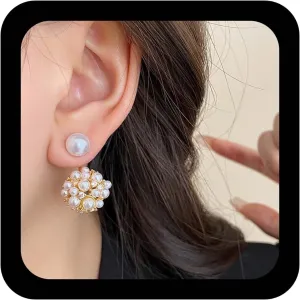 YienDoo Boho Cluster Pearl Earrings French Bouquet Ball Pearl Drop Earring Statement Wedding Bridal Imitation Pearl Cluster Earrings Fireworks Rhinestone Pearl Front Back Earrings Jewelry for Women