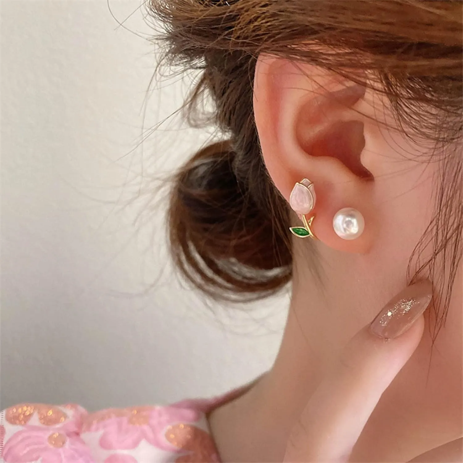 YienDoo Boho Pearl Ear Cuff Wrap Tulip Flower Jacket Statement Piercing Stud Gold Flora Front Back Climbers Crawler Earrings Jewelry for Women