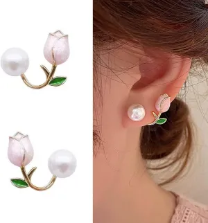 YienDoo Boho Pearl Ear Cuff Wrap Tulip Flower Jacket Statement Piercing Stud Gold Flora Front Back Climbers Crawler Earrings Jewelry for Women